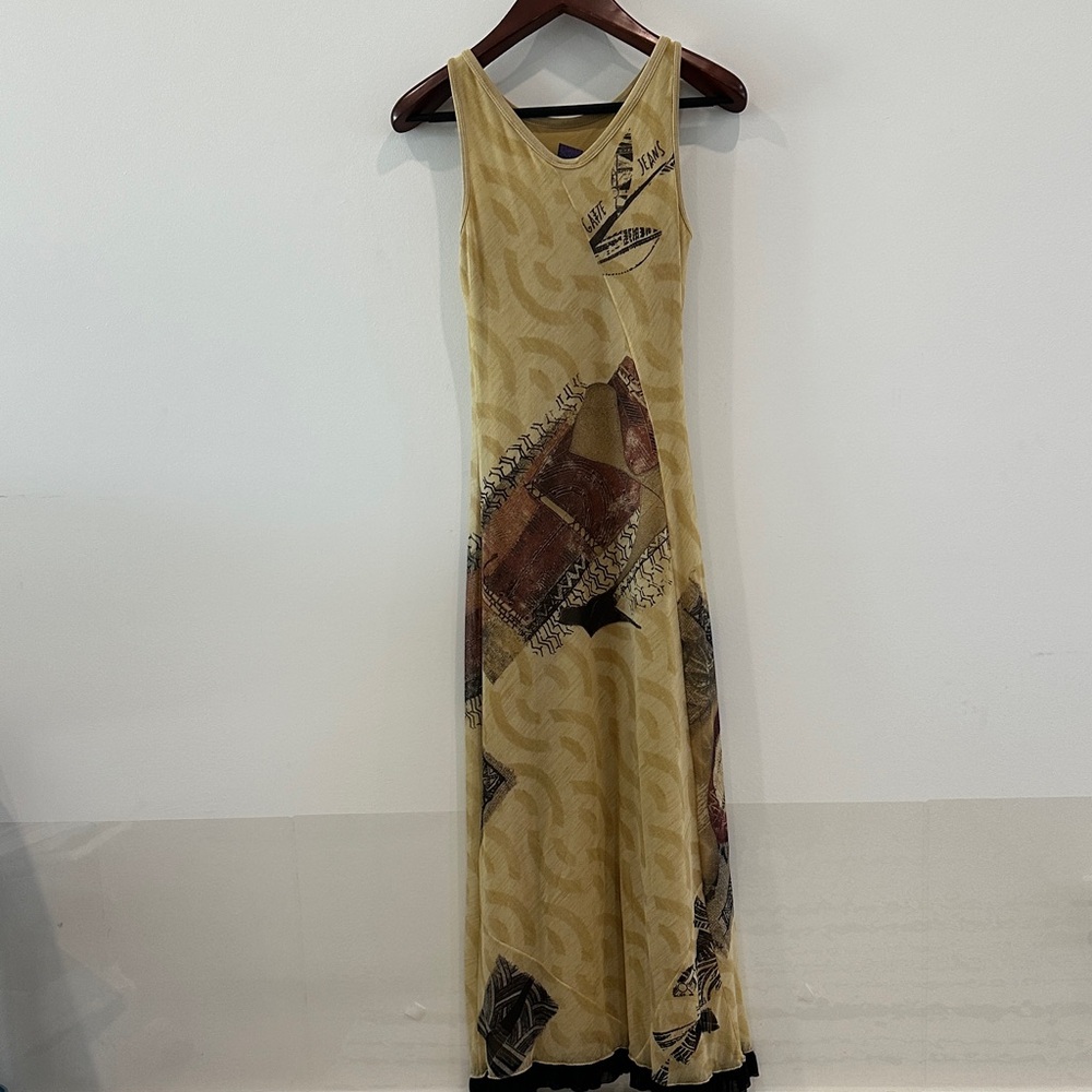 Yellow Patterned Maxi Dress with Tie Neck - Picture 5 of 11